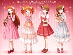 Rule 34 | 4girls, basket, blue eyes, book, bottle, bouquet, bracelet, bread, broccoli, brown footwear, brown hair, fashion, finger to cheek, flower, food, frilled legwear, frills, fruit, futami ami, futami mami, gradient background, grin, hair flower, hair ornament, hairband, highres, idolmaster, idolmaster (classic), jewelry, key, key necklace, loaf of bread, looking at viewer, mary janes, minase iori, multiple girls, necklace, one eye closed, open mouth, orange hair, outsider 0, red eyes, red footwear, revision, ribbon, shoes, siblings, side ponytail, sisters, smile, sparkle, strawberry, striped, striped background, takatsuki yayoi, twins, twintails, wine bottle