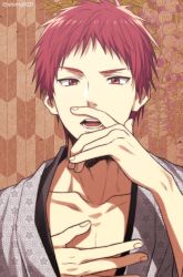 Rule 34 | 1boy, akashi seijuurou, collarbone, commentary request, floral background, floral print, grey kimono, hand on own chest, hand up, japanese clothes, kimono, kuroko no basuke, looking at viewer, male focus, mashima shima, open mouth, pectorals, red eyes, red hair, short hair, solo, teeth, twitter username