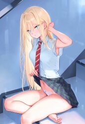 Rule 34 | 1girl, absurdres, adjusting hair, arm up, armpits, barefoot, blonde hair, blue eyes, blue skirt, blush, bow, bow panties, breasts, buttons, clothes lift, collared shirt, feet, fingernails, foot out of frame, hair between eyes, head tilt, highres, indoors, lace, lace-trimmed panties, lace trim, long hair, looking at viewer, medium breasts, melonbooks, mignon, navel, necktie, original, panties, parted lips, plaid, plaid skirt, pleated skirt, scan, school uniform, shiro-chan (mignon), shirt, short sleeves, side-tie panties, sitting, sitting on stairs, skirt, skirt lift, solo, spread toes, stairs, stomach, string panties, sweat, toenails, toes, underwear, white panties, white shirt