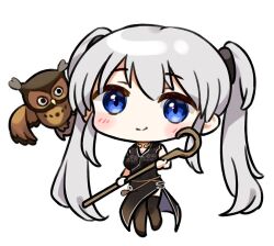 Rule 34 | 1girl, animal, bare arms, bird, black dress, black footwear, blue eyes, blush, breasts, brown thighhighs, chibi, closed mouth, commentary request, dress, grey hair, hair between eyes, holding, holding staff, korean commentary, kutata, long hair, looking at viewer, mabinogi, medium breasts, nao (mabinogi), owl, shoes, simple background, sleeveless, sleeveless dress, smile, solo, staff, thighhighs, twintails, very long hair, white background