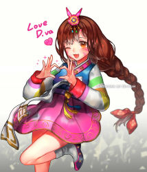 Rule 34 | 1girl, ;d, alternate hairstyle, artist name, bag, bow, braid, brown eyes, brown hair, character name, cowboy shot, d.va (overwatch), dayuh, facepaint, facial mark, fang, fingernails, gradient background, hair bow, hair ornament, hair ribbon, hanbok, hands up, heart, heart hands, highres, korean clothes, leg up, long hair, long sleeves, looking at viewer, multicolored stripes, official alternate costume, one eye closed, open mouth, overwatch, overwatch 1, palanquin d.va, pink skirt, rabbit hair ornament, red ribbon, ribbon, shards, shoes, single braid, skirt, smile, socks, solo, sparkle, standing, standing on one leg, striped, striped sleeves, tassel, tongue, very long hair, whisker markings, white socks