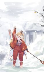 Rule 34 | 1girl, afterimage, blonde hair, blush, boots, breath, closed eyes, coat, facing viewer, full body, granblue fantasy, highres, holding, holding shovel, kztk, mirin (granblue fantasy), open clothes, open coat, open mouth, outdoors, pants, red coat, red footwear, red pants, scarf, shovel, side ponytail, smile, snow, snow shovel, solo, speed lines, standing, tree, waving