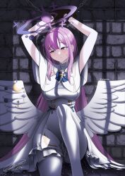 Rule 34 | 1girl, absurdres, arms up, bdsm, blue archive, bondage, bound, chain, cuffs, dress, halo, handcuffs, highres, large wings, leehamin777, mika (blue archive), pantyhose, pink hair, pink halo, sitting, solo, white dress, white pantyhose, white wings, wings