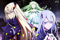 Rule 34 | 10s, 3girls, absurdres, beatless, black bodysuit, blonde hair, bodysuit, breasts, city, cleavage cutout, clothing cutout, cloud, dress, expressionless, closed eyes, green hair, highres, katou hiromasa, leicia, light purple hair, long hair, looking at viewer, magazine request, magazine scan, medium breasts, methode, multiple girls, night, official art, open mouth, orange eyes, outdoors, petals, purple eyes, scan, smile, snowdrop (beatless), strapless, strapless dress, thick eyebrows, white dress
