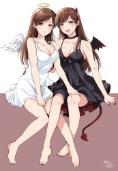 Rule 34 | 2girls, :d, angel and devil, angel wings, barefoot, black bow, black dress, black nails, black wings, blush, bow, braid, breasts, brown background, brown hair, cleavage, closed eyes, collar, collarbone, demon horns, demon wings, dress, dress tug, french braid, gen (enji), halo, hand on another&#039;s hip, hand on another&#039;s knee, highres, horns, idolmaster, idolmaster cinderella girls, long hair, medium breasts, multiple girls, nail polish, nitta minami, open mouth, shiny skin, short dress, sideboob, single wing, sitting, sleeveless, sleeveless dress, smile, straight hair, toenail polish, toenails, two-tone background, very long hair, white background, white dress, white wings, wings