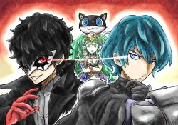 Rule 34 | 1girl, 3boys, amamiya ren, animal ears, armor, black gloves, black hair, black jacket, blue eyes, blue hair, braid, byleth (fire emblem), byleth (male) (fire emblem), cape, cat, cat ears, cat tail, closed mouth, collar, collared jacket, crossed arms, curly hair, fire emblem, fire emblem: three houses, frown, gloves, green eyes, green hair, grin, hair between eyes, hair ornament, high collar, jacket, kicdon, layered clothes, long hair, long sleeves, looking at viewer, mask, messy hair, morgana (persona 5), multicolored hair, multiple boys, nintendo, open hand, open mouth, persona, persona 5, red background, red eyes, red gloves, shirt, short hair, shoulder armor, sideburns, sidelocks, simple background, sleeve cuffs, smile, sothis (fire emblem), super smash bros., tail, tiara, tight clothes, upper body, weapon, white shirt