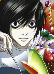 Rule 34 | 00s, 1boy, absurdres, black hair, death note, food, fruit, highres, ice cream, l (death note), male focus, pale skin, smile, solo, spoon, sprinkles, strawberry