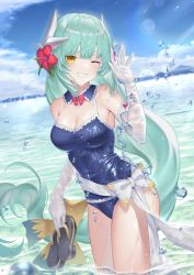 Rule 34 | 1girl, bare shoulders, blue one-piece swimsuit, blue sky, bow, bowtie, breasts, casual one-piece swimsuit, cleavage, cloud, commentary, day, detached collar, dmith, dragon girl, dragon horns, dutch angle, elbow gloves, english commentary, fate/grand order, fate (series), flower, gloves, green hair, grin, hair flower, hair ornament, hand up, head tilt, hibiscus, holding, horns, kiyohime (fate), kiyohime (fate/grand order), kiyohime (swimsuit lancer) (fate), kiyohime (swimsuit lancer) (second ascension) (fate), legs together, lens flare, long hair, looking at viewer, low-tied long hair, medium breasts, multiple horns, ocean, one-piece swimsuit, one eye closed, outdoors, red bow, red bowtie, red flower, sandals, unworn sandals, shiny skin, sidelocks, sky, smile, solo, standing, sunlight, swimsuit, very long hair, wading, waving, wet, wet clothes, wet swimsuit, white bow, white gloves, yellow bow, yellow eyes