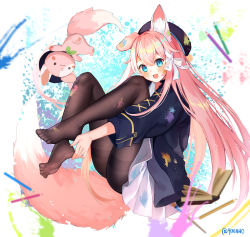 Rule 34 | 1girl, :d, absurdres, animal ear fluff, animal ears, beret, black hat, black jacket, blue eyes, blush, book, brown pantyhose, commentary, dog, dog ears, dog girl, dog tail, dress, feet, hair ribbon, hand on own foot, hat, highres, indie virtual youtuber, jacket, knees up, long hair, long sleeves, looking at viewer, open book, open mouth, paint, pantyhose, pencil, pink hair, ribbon, smile, soles, solo, tail, toes, very long hair, virtual youtuber, white dress, white ribbon, yuniiho, yuniiho (vtuber)