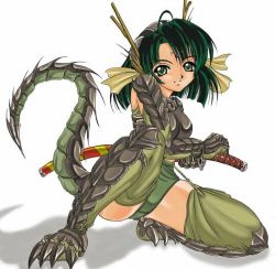 Rule 34 | claws, green eyes, green hair, katana, reptile girl, monster girl, scales, sword, tail, weapon