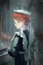 Rule 34 | 1girl, birdcage, black dress, braid, brown hair, cage, column, dress, glasses, grey background, indoors, instrument, long sleeves, looking at viewer, looking back, maid, original, piano, pillar, short hair, solo, standing, unfinished, xiaoming (pixiv 19522187)