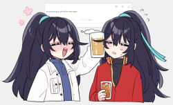 Rule 34 | 2boys, alcohol, beer, black hair, black sweater, blue ribbon, blue shirt, blush, cup, dual persona, english text, hair ribbon, half updo, holding, holding cup, hong lu (project moon), ice, ice cube, jacket, limbus company, long hair, long sleeves, multiple boys, open mouth, parted lips, project moon, red jacket, ribbon, shiki (shikki46), shirt, simple background, smile, sweat, sweater, tea, upper body, very long hair, white background, white jacket