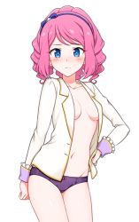 Rule 34 | 1girl, aikatsu! (series), aikatsu stars!, bare legs, blazer, blue eyes, blush, bow, bow panties, breasts, collarbone, cowboy shot, drill hair, embarrassed, groin, hair bow, hairband, hand on own hip, jacket, long sleeves, looking at viewer, medium breasts, navel, no bra, open clothes, open jacket, panties, pink hair, purple bow, purple hairband, purple panties, sakuraba rola, simple background, solo, stomach, underwear, venus ark uniform, white background, white jacket, yoban