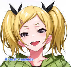 Rule 34 | 1girl, :d, black bow, black eyes, blonde hair, blush, bow, commentary request, doyagao, green jacket, hair bow, hair ornament, hairclip, head tilt, highres, jacket, looking at viewer, medium hair, mole, mole under eye, open mouth, portrait, shirobako, simple background, smile, smug, solo, twintails, ulrich (tagaragakuin), white background, yano erika