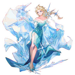 1girl anniversary aqua_dress bare_shoulders blonde_hair blue_eyes blue_footwear braid chinese_commentary collarbone commentary_request crossed_legs dress elsa_(frozen) floating_clothes floating_hair frozen_(disney) full_body grin hair_slicked_back hand_up high_heels highres leaning_forward legs long_hair long_sleeves looking_ahead low-tied_long_hair off-shoulder_dress off_shoulder pointy_footwear side_slit simple_background single_braid smile snowflakes solo tachi-e three_quarter_view white_background yuji_(fantasia)