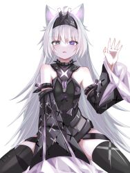 Rule 34 | 1girl, ahoge, mismatched irises, bare shoulders, black dress, black hairband, black sleeves, blue eyes, bright pupils, cross-shaped pupils, detached sleeves, dress, fang, grey hair, hairband, heterochromia, highres, ling yi i, long hair, no.21: feral scent (punishing: gray raven), no.21 (punishing: gray raven), open mouth, punishing: gray raven, ringed eyes, sidelocks, sleeves past fingers, sleeves past wrists, symbol-shaped pupils, very long hair, white background, white pupils, wide sleeves