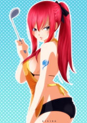Rule 34 | 1girl, angry, apron, ass, bikini, blush, breasts, erza scarlet, fairy tail, female focus, highres, large breasts, long hair, ponytail, red hair, simple background, solo, swimsuit, tattoo