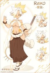 Rule 34 | 1girl, absurdres, archaic japanese text, armband, bare shoulders, blonde hair, bracelet, breasts, character name, character sheet, cleavage, closed mouth, collarbone, earrings, electricity, full body, hakama, highres, hip tattoo, japanese clothes, jewelry, large breasts, lieumare, looking at viewer, multiple views, navel, open mouth, original, pants, ponytail, raiko (lieumare), sandals, short hair, simple background, sling bikini top, smile, spiked hair, standing, tabi, tattoo, weapon, white hair, yellow eyes