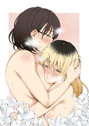 Rule 34 | 2girls, anderson, armpit crease, azemichi touka, blonde hair, blue eyes, blush, breasts, brown hair, face to breasts, flower, glasses, gradient background, green eyes, highres, large breasts, lily (flower), long hair, medium breasts, medium hair, multicolored hair, multiple girls, nakaguri koyumi, sideboob, simple background, steam, strike or gutter, sweat, thighhighs, two-tone hair, upper body, white background, yuri