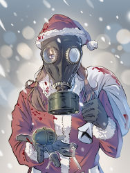 Rule 34 | 1girl, blood on clothes, blue eyes, brown eyes, christmas, coat, daito, explosive, female focus, fur-trimmed coat, fur-trimmed headwear, fur trim, gas mask, gloves, grenade, hat, looking at viewer, low twintails, mask, original, outdoors, sack, santa hat, snow, solo, twintails, upper body