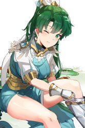 Rule 34 | 1girl, absurdres, adjusting footwear, blush, boots, breasts, closed mouth, commentary request, dress, earrings, feather trim, fingernails, fire emblem, fire emblem: the blazing blade, fire emblem heroes, gloves, green eyes, green hair, hair ornament, highres, jewelry, knee boots, lips, long hair, lyn (fire emblem), medium breasts, nintendo, one eye closed, ormille, ponytail, puffy short sleeves, puffy sleeves, shiny skin, short sleeves, simple background, smile, solo, striped, vertical stripes, white background