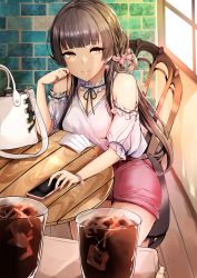 Rule 34 | 1girl, absurdres, agetama, bag, bare shoulders, black hair, blunt bangs, bracelet, breasts, brown hair, cellphone, chair, commentary request, cup, drink, drinking glass, earrings, frills, handbag, highres, idolmaster, idolmaster shiny colors, jewelry, lipstick, long hair, looking at viewer, makeup, mask, unworn mask, mayuzumi fuyuko, phone, pov, sitting, skirt, smartphone, smile, table, yellow eyes