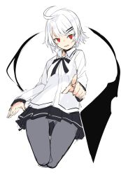 Rule 34 | 1girl, :d, grey pantyhose, hair ornament, hairclip, highres, looking at viewer, open mouth, original, otokuyou, pantyhose, pointing, pointing at viewer, red eyes, short hair, simple background, sketch, skirt, smile, solo, white background, white hair