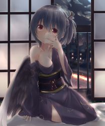 Rule 34 | 1girl, alternate costume, alternate hairstyle, breasts, bridge, building, cloud, commentary request, fireworks, highres, indoors, japanese clothes, kimono, kishin sagume, kuro (baseball0000), looking at viewer, medium breasts, obi, off shoulder, red eyes, sash, silver hair, single wing, sitting, smile, solo, touhou, wings