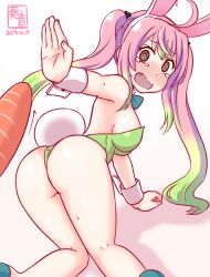 Rule 34 | 1girl, @ @, all fours, animal ears, artist logo, ass, blush, bow, bowtie, breasts, carrot, covered navel, detached collar, fake animal ears, gradient hair, green bow, green bowtie, imminent anal, imminent penetration, kanon (kurogane knights), kantai collection, leotard, long hair, looking back, momo (kancolle), multicolored hair, one-hour drawing challenge, open mouth, pink hair, playboy bunny, rabbit ears, rabbit tail, sexually suggestive, simple background, small breasts, strapless, strapless leotard, tail, traditional bowtie, twintails, white background, wrist cuffs