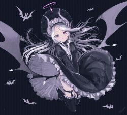 Rule 34 | 1girl, black dress, black footwear, black headwear, black thighhighs, blue archive, bonnet, curled horns, dress, frilled thighhighs, frills, gothic lolita, grey hair, halo, highres, hina (blue archive), horns, juliet sleeves, lolita fashion, long hair, long sleeves, looking at viewer, multiple horns, nishiki koi, parted lips, puffy sleeves, shoes, solo, striped, striped background, thighhighs, twitter username, vertical stripes, very long hair