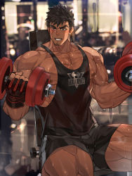 Rule 34 | 1boy, bara, bare arms, bare pectorals, bare shoulders, biceps, black hair, black shorts, black tank top, blush, bulge, dark-skinned male, dark skin, dumbbell, exercising, facial hair, gym, highres, indoors, large pectorals, long sideburns, male focus, mature male, muscular, muscular male, nikism, nipples, original, paid reward available, pectorals, short hair, shorts, sideburns, sitting, smile, solo, stubble, sweat, tank top, thick thighs, thighs, veins, weightlifting