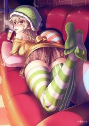 Rule 34 | 1girl, :p, absurdres, artist name, ass, bare shoulders, beanie, blonde hair, blush, braid, brown eyes, brown skirt, closed mouth, couch, cup, food, from behind, fruit, fruit hat, green hat, green thighhighs, hat, highres, holding, holding cup, indoors, koume keito, long hair, long sleeves, looking at viewer, looking back, lying, melon, melonbooks, mug, no shoes, on couch, on stomach, original, pillow, pinstripe legwear, pinstripe pattern, plaid, plaid skirt, pleated skirt, scan, side braid, skirt, smile, solo, striped clothes, striped thighhighs, thighhighs, tongue, tongue out