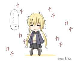 Rule 34 | ..., 1girl, black skirt, black socks, blonde hair, blue jacket, chibi, closed eyes, commentary request, crescent, crescent pin, cursor, full body, goma (yoku yatta hou jane), jacket, kantai collection, kneehighs, long hair, low twintails, neckerchief, one-hour drawing challenge, open mouth, pleated skirt, satsuki (kancolle), satsuki kai ni (kancolle), simple background, skirt, socks, solo, spoken ellipsis, standing, thighhighs, translation request, twintails, twitter username, white background, yellow neckerchief