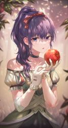Rule 34 | 1girl, :o, absurdres, apple, asahina mafuyu, bare shoulders, bow, choker, collarbone, commentary request, dress, food, fruit, hair bow, hands up, highres, holding, holding food, holding fruit, long hair, looking at viewer, open mouth, ponytail, project sekai, puffy short sleeves, puffy sleeves, purple eyes, purple hair, red apple, red bow, short sleeves, tokkyu, white bow