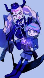 Rule 34 | 1boy, 1girl, :o, absurdres, ahoge, black dress, black flower, black horns, black thighhighs, blue footwear, blue jacket, blue shorts, book, boots, braid, commentary request, criss-cross halter, crown, detached sleeves, dress, floating, flower, halterneck, highres, holding, holding book, holding scythe, horns, jacket, long sleeves, looking at another, master detective archives: rain code, open mouth, pink hair, purple eyes, purple hair, ribbon, scythe, shinigami (rain code), short hair, shorts, smile, thighhighs, twin braids, uyu (yumeyumepop7), white ribbon, yuma kokohead