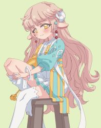Rule 34 | 1girl, :3, animal ears, beads, blonde hair, blush, bracelet, closed mouth, cropped jacket, curled horns, dress, dressing, green background, hair beads, hair ornament, highres, horns, jacket, jewelry, lara (maplestory), long hair, maplestory, open clothes, open jacket, pleated dress, puffy sleeves, rune (dualhart), sash, sheep ears, sheep girl, sheep horns, short dress, simple background, sitting, sleeves past elbows, smile, solo, split mouth, stool, thighhighs, very long hair, white horns, white thighhighs, yellow eyes