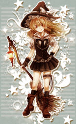 Rule 34 | 1girl, bad id, bad pixiv id, blonde hair, boots, bow, braid, broom, brown eyes, chain, cross-laced footwear, female focus, hat, hat bow, kirisame marisa, bridal garter, long hair, sacanahen, skirt, smile, solo, touhou, witch, witch hat