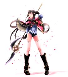 Rule 34 | 1girl, atelier (series), atelier totori, bad id, bad pixiv id, black gloves, black hair, black shorts, dia (saotoko), female focus, gloves, highres, holding, holding weapon, long hair, mimi houllier von schwarzlang, polearm, purple eyes, short shorts, shorts, simple background, solo, spear, thighhighs, weapon, white background