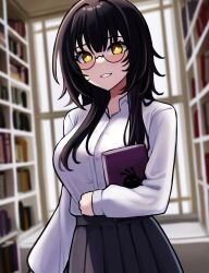 Rule 34 | 1girl, absurdres, black hair, blurry, blurry background, book, breasts, bright pupils, glasses, highres, holding, holding book, hololive, hololive english, jerrytz, large breasts, library, light persona, pleated skirt, shiori novella, shirt, skirt, smile, virtual youtuber, white pupils, white shirt, yellow eyes