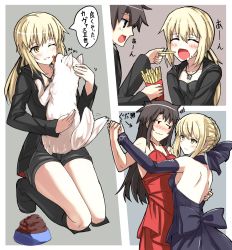 Rule 34 | 1boy, 2girls, absurdres, animal, artoria pendragon (all), artoria pendragon (fate), black dress, blush, boots, bowl, brown hair, cavall the 2nd, closed eyes, comic, crossdressing, detached sleeves, dog, dress, fate/stay night, fate (series), food, french fries, fujimaru ritsuka (male), fujimaru ritsuka (male) (royal brand), highres, holding, holding animal, jewelry, long hair, long sleeves, looking at another, multiple girls, necklace, official alternate costume, one eye closed, open mouth, pet bowl, pet food, saber alter, saber alter (ver. shinjuku 1999) (fate), saiki rider, smile, speech bubble, text focus, tongue, tongue out, translation request, yellow eyes