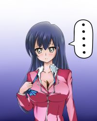 Rule 34 | 1girl, artist request, blouse, blue background, blue bow, blue hair, blush, bow, breasts, card, cleavage, collared shirt, embarrassed, frown, grey background, grey eyes, jacket, jess (yu-gi-oh!), long hair, medium breasts, open clothes, open shirt, parted bangs, pink jacket, school uniform, shirt, solo, standing, upper body, white background, white shirt, yu-gi-oh!, yu-gi-oh! duel links
