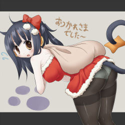 Rule 34 | 1girl, ass, bag, bent over, blue hair, bow, breasts, brown eyes, christmas, creatures (company), dress, female focus, game freak, gen 4 pokemon, hair bow, image sample, long hair, looking back, luxray, nintendo, open mouth, panties, pantyhose, personification, pixiv sample, pokemon, resized, ryokucha no ki, santa costume, solo, sweatdrop, tail, underwear