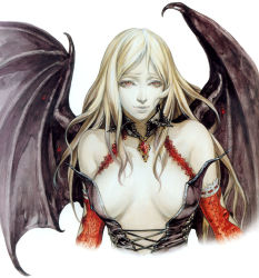Rule 34 | 1girl, annette (castlevania), bare shoulders, blonde hair, breasts, castlevania (series), castlevania: dracula x chronicles, corruption, corset, dark persona, demon girl, female focus, jewelry, konami, large breasts, lips, no bra, official art, pale skin, red eyes, simple background, solo, tattoo, vampire, wings