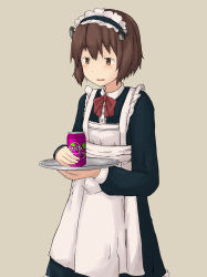 Rule 34 | 1girl, alternate costume, apron, black dress, bow, bowtie, brown eyes, brown hair, can, chagamaka, cowboy shot, dress, drink can, enmaided, fanta, frilled apron, frills, grey background, highres, kantai collection, maid, maid headdress, red bow, red bowtie, short hair, simple background, soda can, solo, tray, white apron, yukikaze (kancolle)