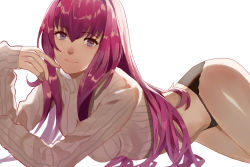 Rule 34 | 1girl, ass, black panties, breasts, closed mouth, fate/grand order, fate (series), hair intakes, long hair, long sleeves, looking at viewer, lying, on side, on stomach, panties, purple hair, red eyes, ribbed sweater, scathach (fate), sidelocks, simple background, smile, solo, sweater, thighs, turtleneck, turtleneck sweater, underwear, very long hair, vic (vedream), white background, white sweater