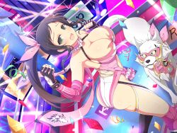 Rule 34 | 1girl, ass, blush, bow, breasts, brown hair, choker, cleavage, confetti, elbow gloves, fingerless gloves, gloves, green eyes, hair bow, highres, large breasts, long hair, looking at viewer, murakumo (senran kagura), official art, open mouth, pink bow, ribbon, senran kagura, senran kagura new link, senran kagura shinovi versus, side ponytail, singlet, solo, stage lights, television, thighhighs, white wolf, wolf, wrestler, wrestling mask, wrestling outfit, wrestling ring, yaegashi nan