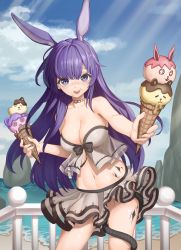 Rule 34 | 1girl, absurdres, animal ears, arknights, beach, bikini, black choker, blue sky, breasts, choker, cleavage, cowboy shot, extra ears, female focus, food, food on face, foreshortening, highres, ice cream cone, incoming food, large breasts, light rays, long hair, looking at viewer, material growth, official alternate costume, oripathy lesion (arknights), outdoors, phillament, purple eyes, purple hair, rabbit ears, rabbit girl, railing, rope, rope (arknights), rope (summer flowers) (arknights), sand, sky, solo, strapless, strapless bikini, swimsuit, water, white bikini