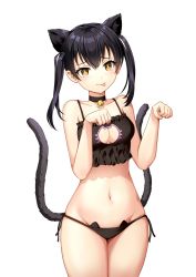Rule 34 | 1girl, :p, animal ears, bad id, bad pixiv id, bell, black hair, breasts, cat ears, cat girl, cat lingerie, cat tail, choker, cleavage, cowboy shot, en&#039;en no shouboutai, highres, jingle bell, looking at viewer, medium breasts, meme attire, navel, panties, paw pose, side-tie panties, simple background, solo, sony kisaragi, standing, tail, tamaki kotatsu, tongue, tongue out, twintails, underwear, underwear only, white background, yellow eyes