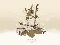 Rule 34 | 1girl, 2015, animal ears, artist name, bare shoulders, breasts, cable, chinese new year, cleavage, cleavage cutout, clothing cutout, digitigrade, dress, closed eyes, full body, furry, furry female, goat ears, goat girl, goat tail, headphones, highres, hooves, horns, instrument, long sleeves, monochrome, music, original, phonograph, playing instrument, sepia, sitting, smile, smoke, solo, spot color, sweater, sweater dress, tail, turntable, tyson tan, white hair, yokozuwari