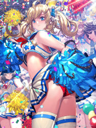Rule 34 | 6+girls, ahoge, ass, balloon, bare shoulders, black hair, blonde hair, blue eyes, breasts, cheerleader, confetti, crop top, crop top overhang, crowd, dated, earrings, furyou michi ~gang road~, hair ornament, hiasa lily, highres, jewelry, long hair, looking at viewer, looking back, medium breasts, midriff, multiple girls, no bra, panties, pleated skirt, pom pom (cheerleading), red panties, shiny skin, skindentation, skirt, smile, solo focus, sparkle, thighhighs, twintails, underboob, underwear, wally (where&#039;s wally), where&#039;s wally, white legwear, xaxak